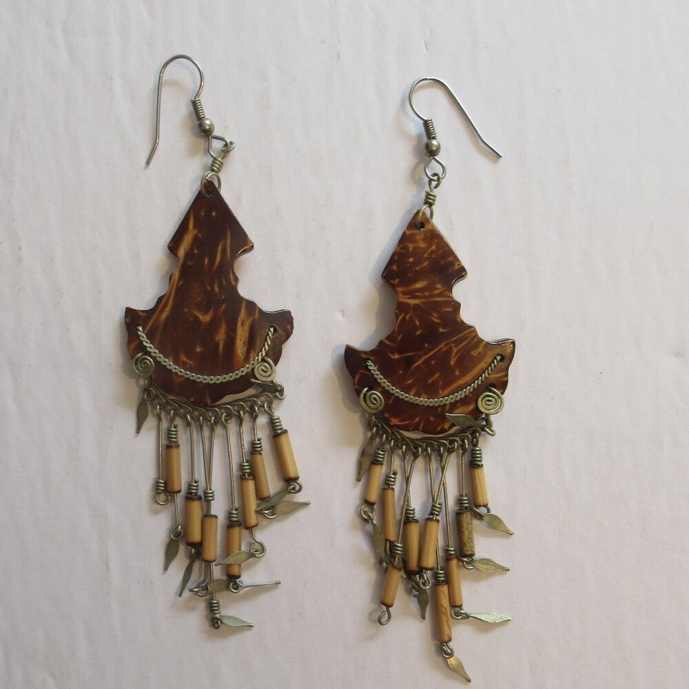 Vintage Coconut Shell & Porcupine Quill earrings w/ Silver tone, Circa 1980's,